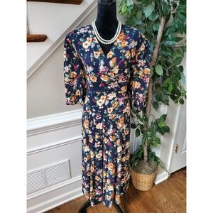 Vintage Mondo Blue Floral V-Neck Long Sleeve Casual Knee Length Dress Size 2X